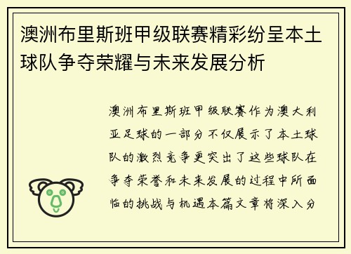 澳洲布里斯班甲级联赛精彩纷呈本土球队争夺荣耀与未来发展分析