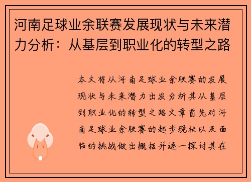 河南足球业余联赛发展现状与未来潜力分析：从基层到职业化的转型之路